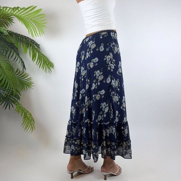 Y2K Style Blue Floral Cottagecore Boho High Waisted Prairie Midi Skirt / Sz: XS - Picture 2 of 6